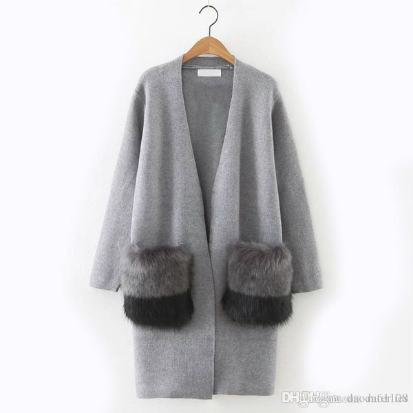 

2017 autumn sweaters for women loose long sleeve with pocket women cardigan gray and navy blue color, White;black