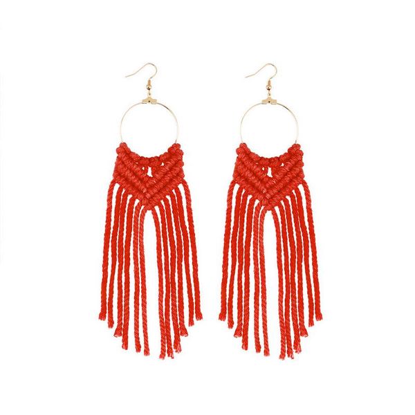 

zwpon vintage handmade weave cotton thread drop earrings alloy circle hollow earrings color thread tassel for woman, Silver