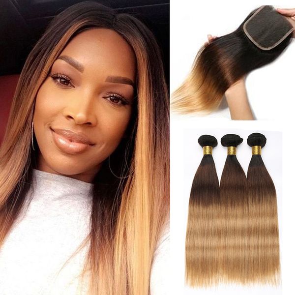 

ombre человеческих волос пучки с закрытие сырое девственницы индийский прямые волосы пучки с закрытием remy выдвижения волос три тона 1b 4 2, Black;brown