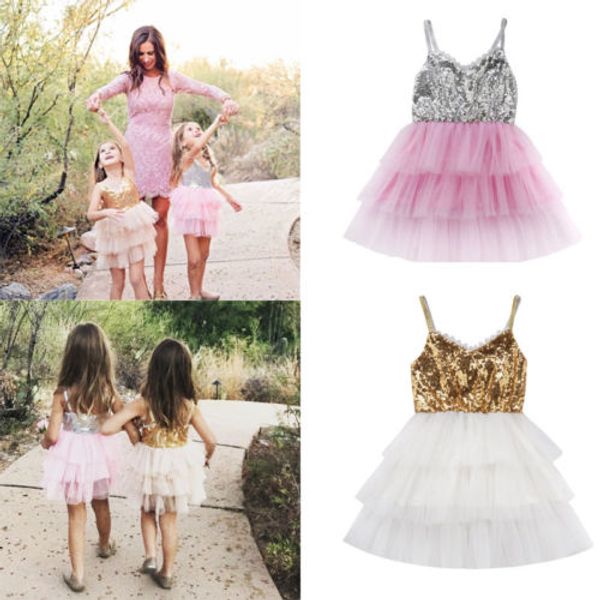 

New Strap Sequins Kid Girl Dresses Tulle Layered Lace Tutu Princess Baby Girls Sleeveless Summer Wedding Birthday Party Dress
