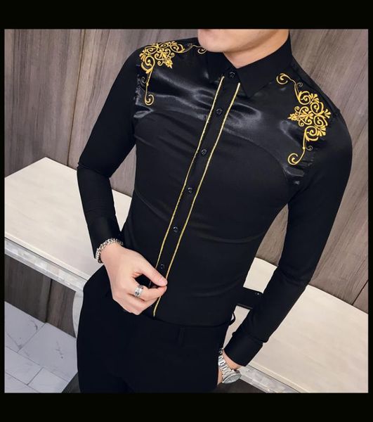 

luxury korean kemeja pria spring embroidered slim fit long sleeve men social club prom shirt camisa masculina, White;black