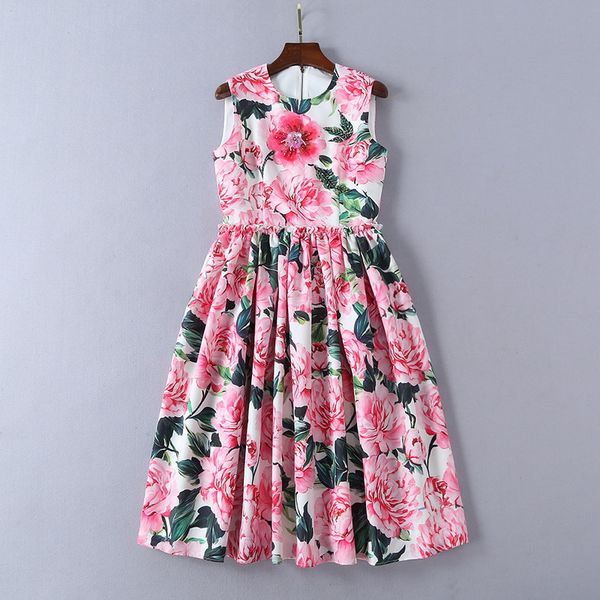 

european and american women's dress 2019 spring new style beaded three-dimensional flowers sleeveless peony print dress, Black;gray