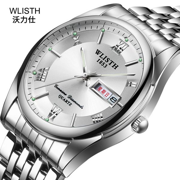 

2019 wlisth brand men watch business casual quartz clock stainless steel wristwatch date hours man week double calendar relojes, Slivery;brown