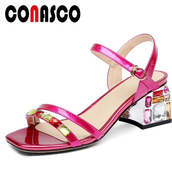 

conasco summer 2020 new genuine leather women sandals pumps high heels fashion crystal narrow band casual wedding shoes woman, Black