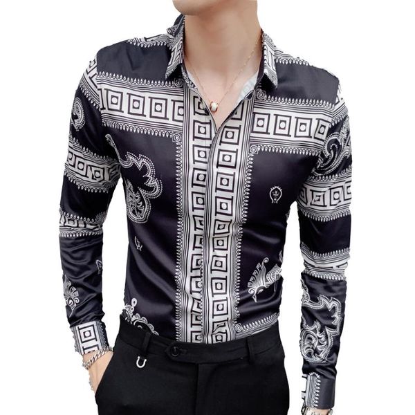 

retro dragon print men shirt long sleeve shirts fashion casual slim fit dress shirts night club party social streetwear camisa, White;black
