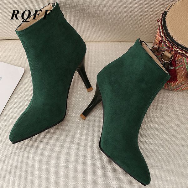 

2020 ankle boots for women shoes winter thin super high heel flock pointed toe green brown black plus big size 42 43 44 45 solid