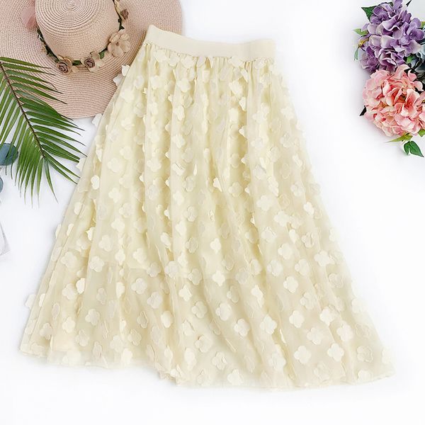 

2019 spring summer tulle lace three dimensional flower embroidery chiffon skirt fresh long girls skirt pleated women skirts, Black
