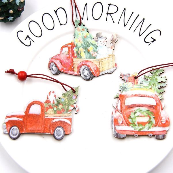 

9pcs printed christmas car wooden pendants ornaments diy wood crafts tree ornaments kids gift home christmas party decorations