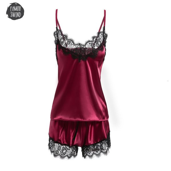 

women sleepwear satin pajama black lace v neck pyjamas cute sleeveless polyester cami and short sleepwear, Black;red
