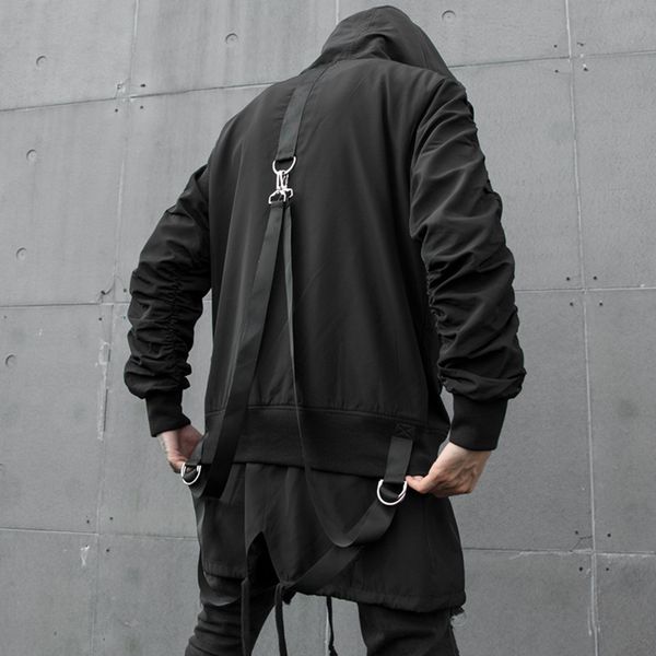 

men ribbon fake 2pcs splice loose casual black hooded jacket male streetwear hip hop gothic long coat outerwear, Black;brown