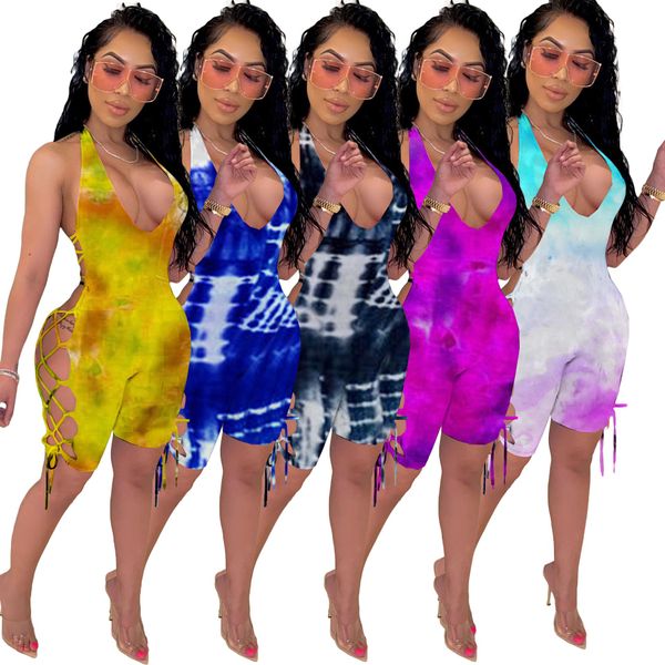 

latest style women lace up skinny jumpsuits halter v neck backless tie-dye pattern popluar rompers for nightclub party 2020, Black;white