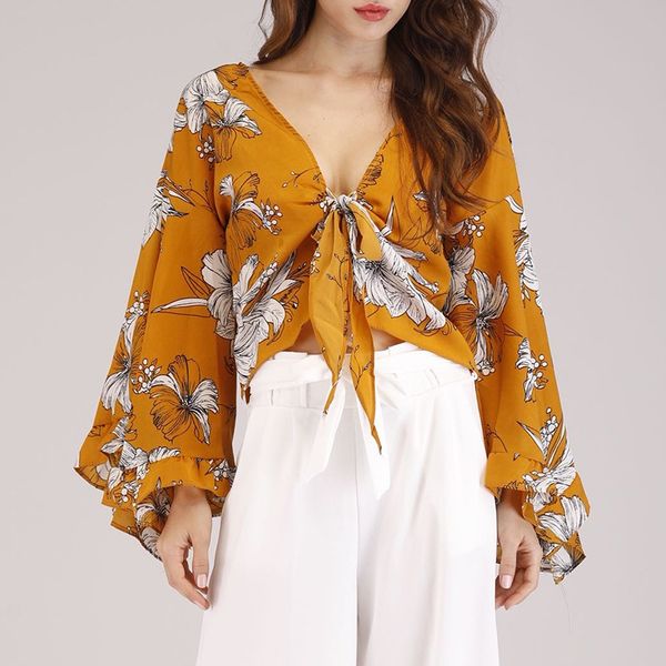 

women's short blouse flare sleeves floral print v neck shirt summer sunscreen beach blouses rk, White