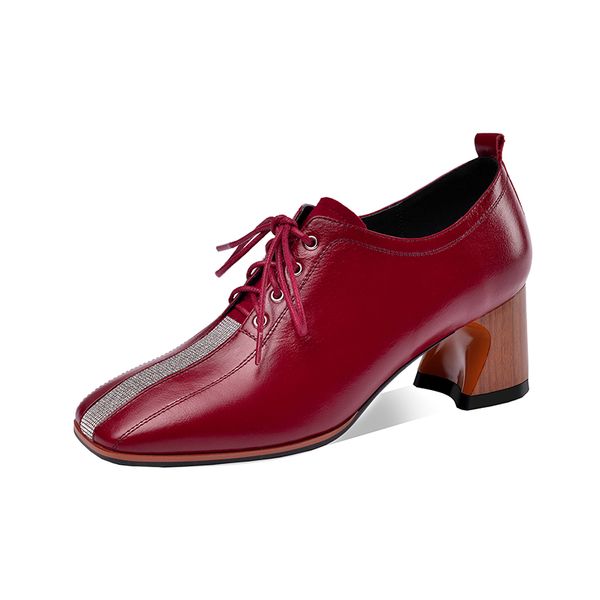 

women cow leather party shoes prom pumps spring summer lace up square toe high heels 2020 fashion shoes woman, Black