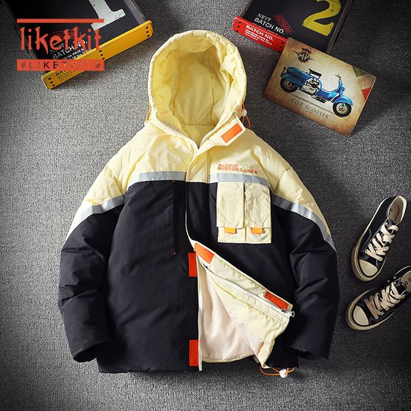 

liketkit men's winter hooded jackets 2019 man print color patchwork casual thick parkas male oversize vintage safari overcoats, Black