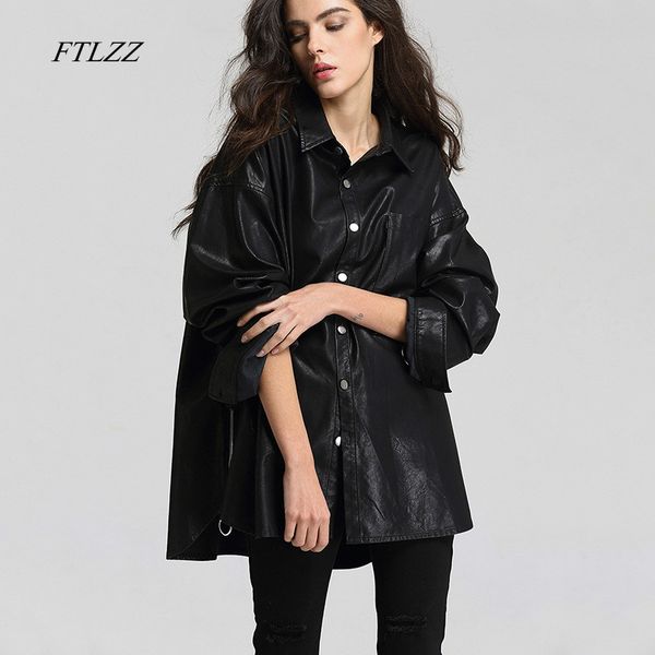

ftlzz loose washed pu leather jacket fashion turn-down collar button coats size casual jacket, Black