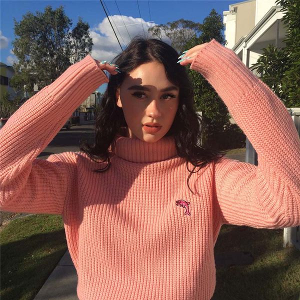 

2020 women knitted pullovers new sweet pink turtleneck loose embroidery fashion sweater, White;black