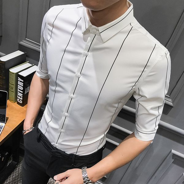 

shirt men brand new mens shirts casual slim fit 2019 summer streetwear striped shirts half sleeve formal wear 3xl, White;black