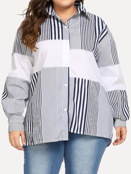 

plus size shirt loose striped long sleeve buttons collar clothing fashion, White
