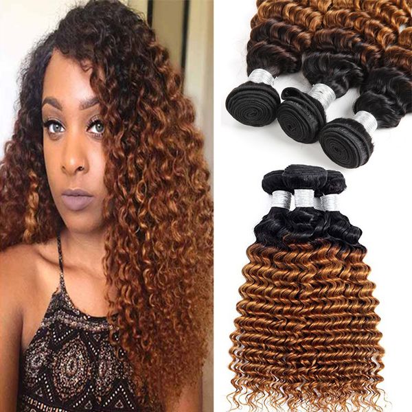 Fasci di capelli umani Ombre onda profonda brasiliana Estensione due toni capelli biondi 1B 30 Ombre capelli vergini ricci profondi 3 pacchi