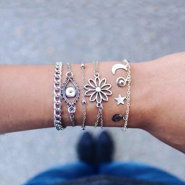 

retro women bracelets moon hollow star flower eye pendant bead chain silver bracelet set party jewellery accessories, Black