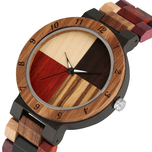 

unique mixed color splice dial wood watch men's retro full wooden adjustable band quartz clock male luxury relogio masculino, Slivery;brown