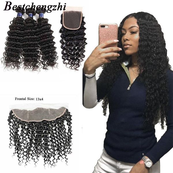 

бразильская глубокая волна волосы 3 связка с closure free средней частью двойного уток человеческих волосы с 13x4 lace фронтального закрытие, Black