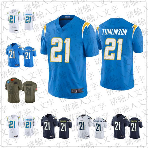 

2020 custom men youth los angeles chargers 21 ladainian tomlinson 100th season black blue vapor limited rush football jersey