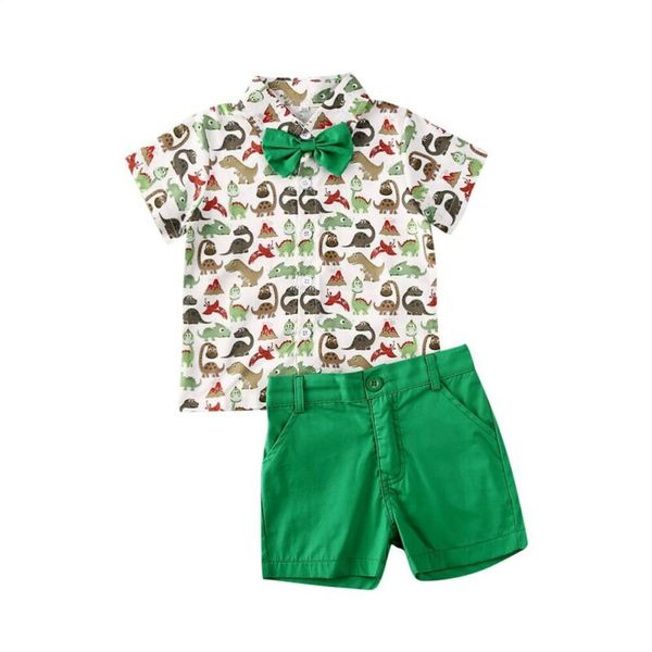 

2020 new summer toddler baby boy outfit short sleeve dinosaur print shirt with bow tie solid color shorts, White