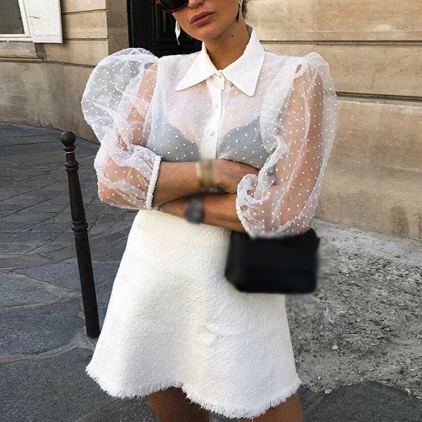 

womens half sleeves party holiday sheer transparent plain loose mesh blouse, White