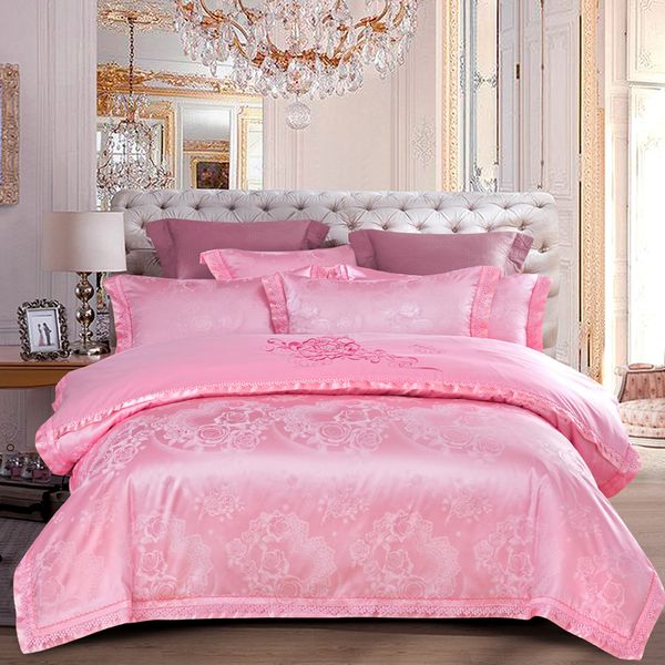 

yeekin 100% cotton satin jacquard embroidery princess pink wedding bedding jacquardu satin wedding dvet cover lace embroidery
