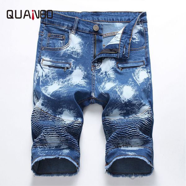 

quanbo 2019 new summer men fashion denim shorts male streetwear pleated moto casual jeans shorts plus size brand clothing, Blue