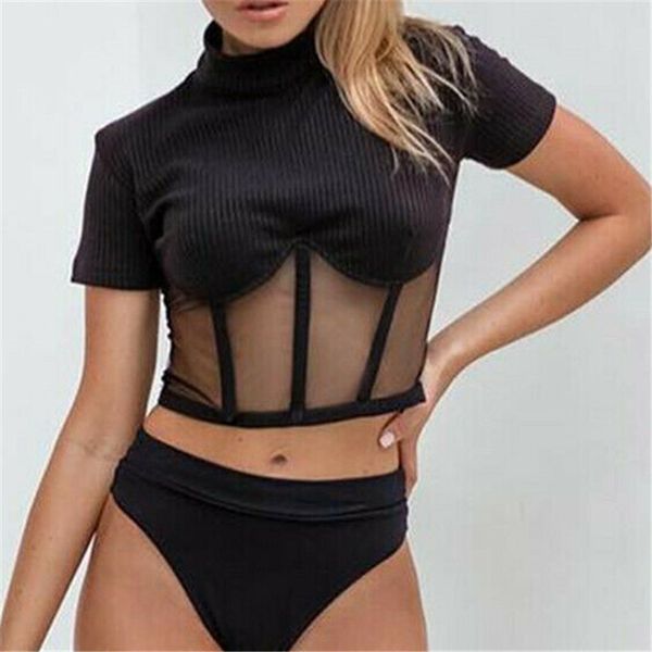 

fashion new women turtleneck mesh transparent knitted patchwork summer crop ladies short sleeve slim t-shirt female tee, White
