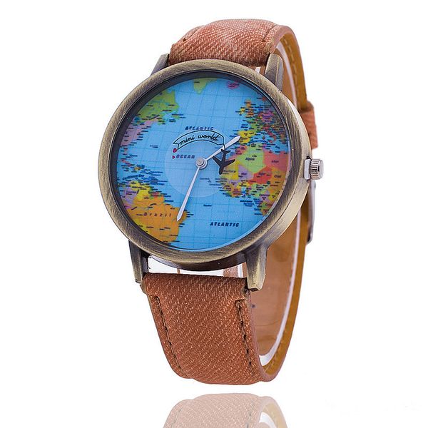 

fashion retro men /women's watches creative map leather dial clock casual clothing watches for teenagers female watch, Slivery;brown
