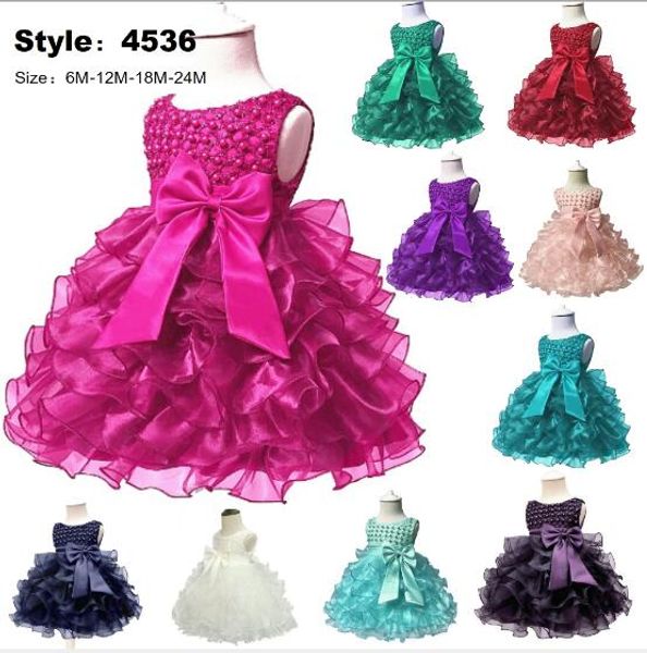 

1pcs baby girl first birthday dresses 12 colors ruffle pleated tutu princess dress with bowknot newborn infant christening dressess, Red;yellow