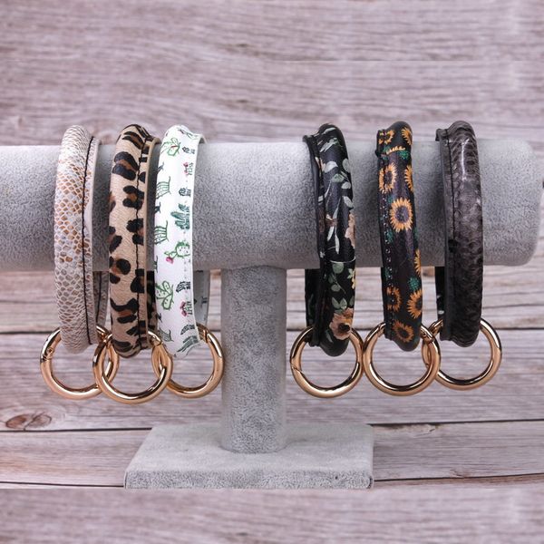 

selling leather keyring bangle bracelet faux leather print flower leopard keychain bangle big o key ring wrist strap bracelets bangles