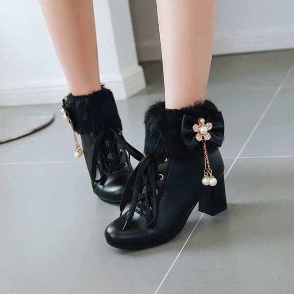 

us4-11 womens bowknot fur flower pearls decor ankle boots block chunky heel side zipper warm winter fleece snow shoes plus size, Black