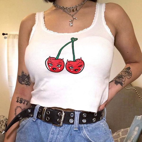 

women summer sleeveless skinny cartoon print tank designer short vest fashion female clothing, White