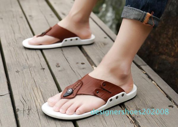

summer sandals cow leather breathable flip flops men fashion style male beach non-slide male handmade slippers new arrival d08, Black