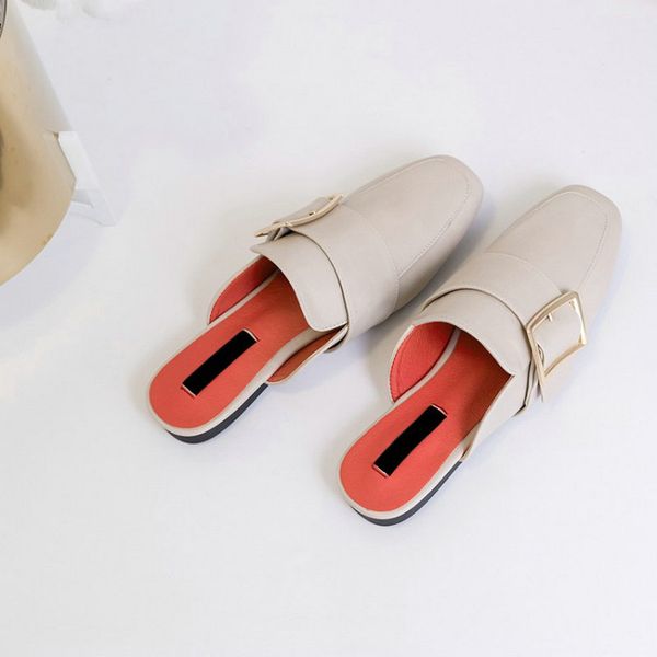 

zawsthia 2019 summer female flats shoes easy slip-on square toe women slippers with metal buckle woman mules big size 41 42 43 t05, Black