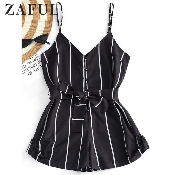 

zaful striped belted cami romper spaghetti strap playsuits women summer overalls jumpsuit female shorts office streetwear 2019, Black;white