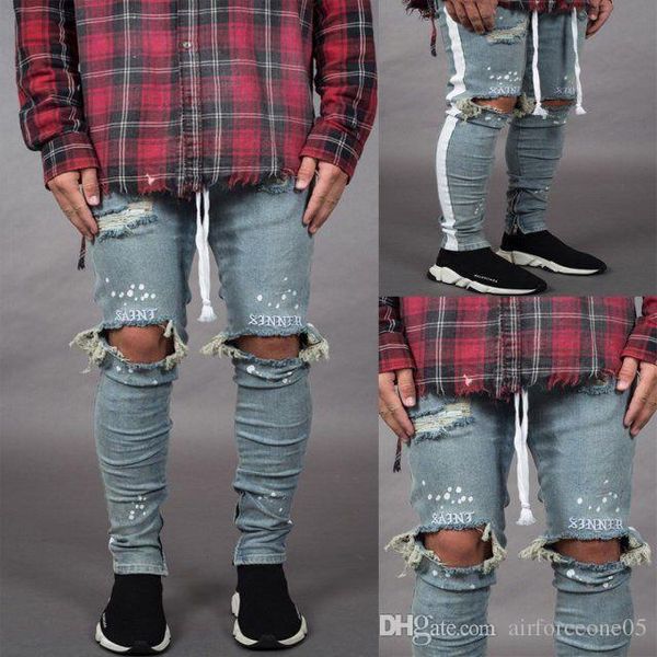 

mens holes 19ss jeans spring summer ripped striped trousers men pants skinny zipper designer pants, Blue