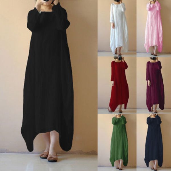 

2019 spring women cotton tunic long sleeve maxi dress gypsy casual shirt, Black;gray