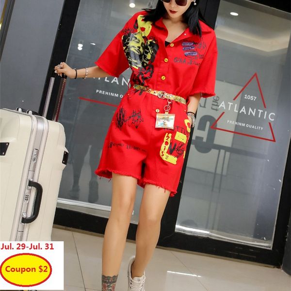 

with belt 2019 new cartoon print casual overalls red women hip hop jumpsuit loose summer straight playsuit overalls lt571s50, Black;white
