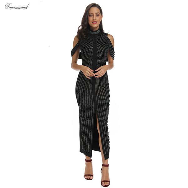 

dress 2019 chic black sleeveless beaded sequins women evening party dress turtleneck back split long dress vestidos, Black;gray