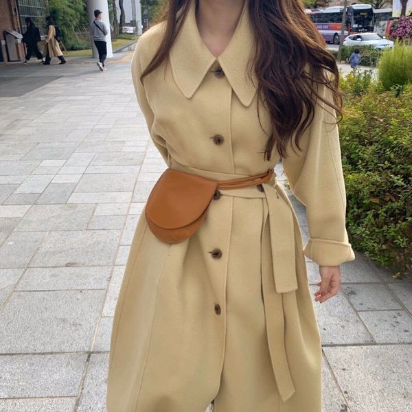 

women winter yellow single breasted long cashmere coat turn down collar elegant wool overcoat high waist jacket with waistbelt, Black