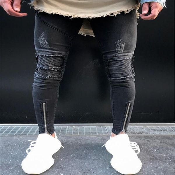 

fashion designer pants mens jeans ripped biker jeans leather patchwork slim fit moto denim joggers for male mens designer jeans, Blue