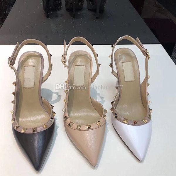 

fashion and quality designer pointed toe with studs high heels patent leather rivets sandals women studded strappy dress shoes valentine hi, Black