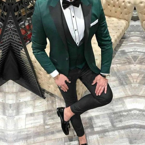 

men's suits & blazers green mens wedding slim fit groom wear tuxedos peaked lapel bridegroom sets 3pcs (jacket+pants+vest) costume homm, White;black