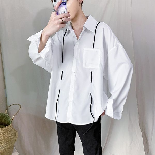 

ewq / men's wear korean oversize shirt male 2020 spring summer new fashion drawstring loose long sleeve solid color 9y1959, White;black