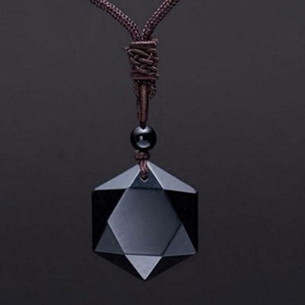 

black obsidian natural stone pendant necklaces for women and men cubic hexagram sweater necklace amulets and talismans jewelry, Silver